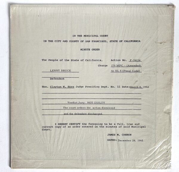 Lenny Bruce 1964 10" 331/3 RPM record - self pressed: Recording Submitted As Evidence In The San Francisco Obscenity Trial In March, 1962